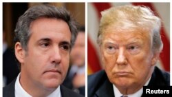 Yon konbinezonn fofo ki montre Prezidan Donald Trump yon bò (adwat) avèk ansyen avoka li, Michael Cohen. (Cohen te tou prè yon tribinal federal nan Mahattan, New York, nan dat 16 avril 2018; epi Prezidan Trump te nan La Meozn Blanch, an Washington, jou 18 jiyè 2018 la). Foto Dosye: REUTERS/Lucas Jackson, Leah Millis). 