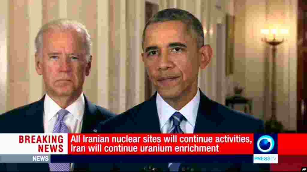 This image made from video broadcast on Press TV, Iran's English language state-run channel, shows U.S. President Barack Obama with Vice President Joseph Biden standing by, making a statement following the announcement of the Iran nuclear deal, July, 14, 2015.