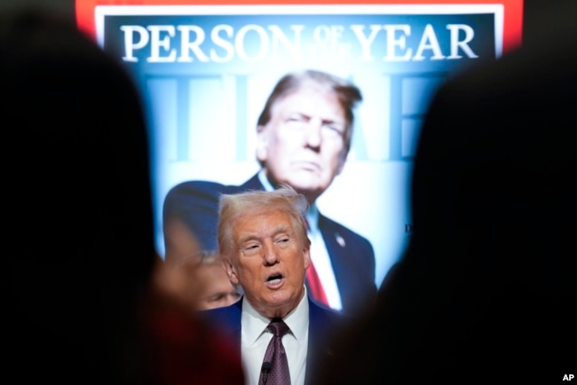 El presidente electo Donald Trump habla durante un evento Persona del Año de la revista Time en la Bolsa de Valores de Nueva York, en Nueva York, el 12 de diciembre de 2024.