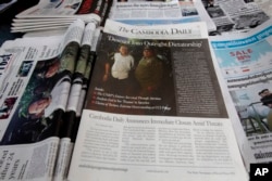 The final issue of The Cambodia Daily is sold at a newsstand, in Phnom Penh, Cambodia, Monday, Sept. 4, 2017. When Cambodia’s main opposition leader was arrested over the weekend in a surprise police raid, one of this country’s last independent media outlets rushed reporters out in the middle of night to cover the story, just as it has done for nearly a quarter-century.