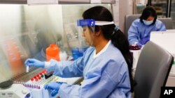 A laboratory technician prepares COVID-19 patient samples for semi-automatic testing at Northwell Health Labs, March 11, 2020, in Lake Success, N.Y.