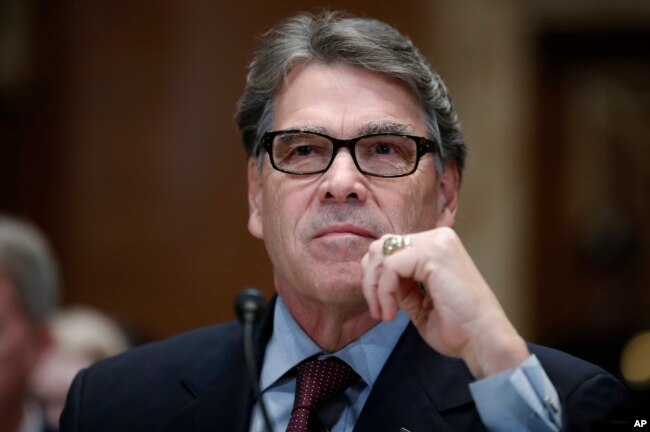 FILE - Energy Secretary Rick Perry testifies on the fiscal 2019 budget during a hearing of the Senate Appropriations Committee Subcommittee on Energy and Water Development on Capitol Hill, April 11, 2018 in Washington.