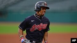 FILE - In this July 10, 2020, file photo, Cleveland's Francisco Lindor runs the bases after hitting a home run during a simulated game at Progressive Field in Cleveland.