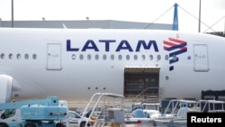 The logo of LATAM Airlines is pictured on an Airbus plane in Colomiers near Toulouse, France, November 6, 2018. REUTERS/Regis Duvignau