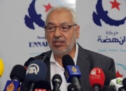 Tunisian al Nahda party leader Rached al Ghannouchi speaks during a press conference on May 15, 2013 in Tunis.