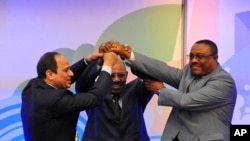 FILE - Sudanese President Omar al-Bashir, (c), Egyptian President Abdel-Fattah el-Sissi, (l), and Ethiopian Prime Minister Hailemariam Desalegn, (r), hold hands after signing an agreement on sharing water from the Nile River, in Khartoum, Sudan, March 23, 2015. 