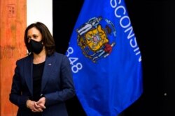 Democratic vice presidential candidate Sen. Kamala Harris, D-Calif., listens during a tour of the IBEW 494 training facility in Milwaukee, Sept. 7, 2020.