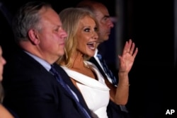 White House counselor Kellyanne Conway waves as she waits to hear Vice President Mike Pence speak on the third day of the Republican National Convention at Fort McHenry National Monument and Historic Shrine in Baltimore, Wednesday, Aug. 26, 2020.