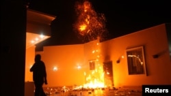 U.S. Consulate in Benghazi in flames during protest by armed group on September 11, 2012.