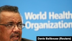 Director-General of the World Health Organization (WHO) Tedros Adhanom Ghebreyesus speaks during a news conference 