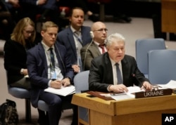 Ukrainian Ambassador to the United Nations Volodymyr Yelchenko speaks during a U.N. Security Council at United Nations headquarters, Nov. 26, 2018.