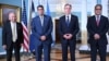 FILE - From left, Marshall Islands Foreign Minister Jack Ading, Micronesia President Wesley Simina, U.S. Secretary of State Antony Blinken and Palau President Surangel Whipps speak with reporters at the State Department in Washington, Sept. 26, 2023.