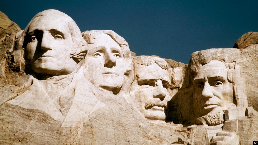 FILE - In this undated file photo, Mount Rushmore is shown in South Dakota. From left are George Washington, Thomas Jefferson, Teddy Roosevelt and Abraham Lincoln.