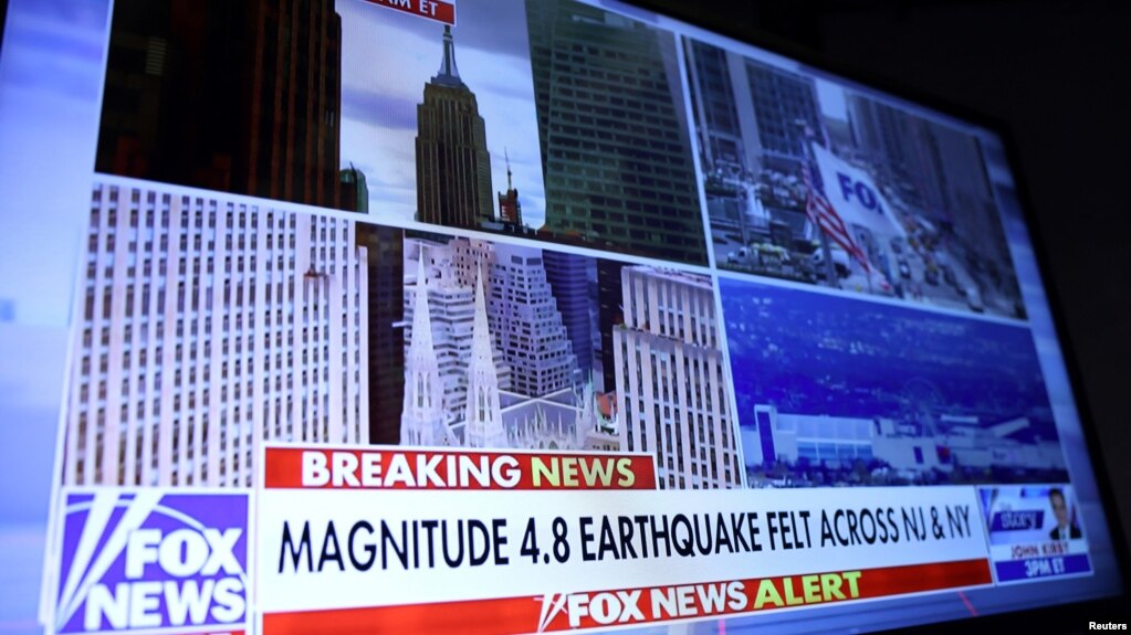 Hình ảnh tin nóng về trận động đất ở thành phố New York trên Đài truyền hình Fox sáng ngày 5/4.