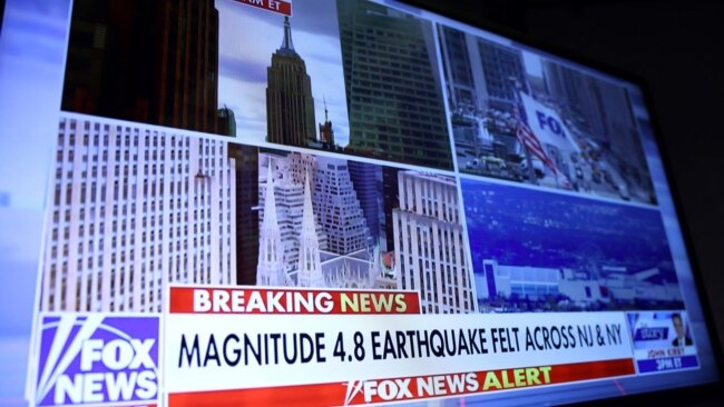 Hình ảnh tin nóng về trận động đất ở thành phố New York trên Đài truyền hình Fox sáng ngày 5/4.