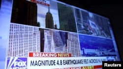 美國的電視台在4月5日早上報導紐約市發生4.8級地震 （路透社照片）
