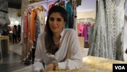 Khadijah Shah with her collection at the store in New Delhi, October 23, 2012. (Anjana Pasricha / VOA)