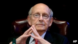 FILE - Supreme Court Associate Justice Stephen Breyer listens during a forum at the French Cultural Center in Boston, Feb. 13, 2017. 