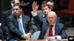 Đại sứ Nga tại Liên Hiệp Quốc Vassily Nebenzia giơ tay biểu quyết ủng hộ dự thảo nghị quyết của Nga trong một cuộc họp của Hội đồng Bảo an về tình hình ở Syria, ngày 14 tháng 4, 2018, tại trụ sở Liên Hiệp Quốc ở New York, Mỹ.