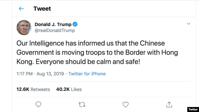 President Trump tweets on Chinese troops heading to Hong Kong