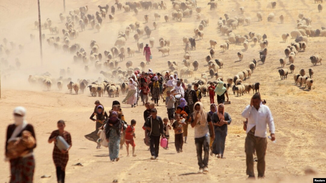 FILE - Displaced minority Yazidis, fleeing violence from forces loyal to the Islamic State in Sinjar town, walk toward the Syrian border, on the outskirts of Sinjar mountain, near Elierbeh of Al-Hasakah Governorate, Aug. 10, 2014. 