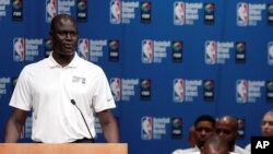 Amadou Gallo Fall, NBA vice president and managing director-Africa, speaks during the opening ceremony for Basketball without Borders Africa at the American International School in Johannesburg, South Africa, Aug. 1, 2018.