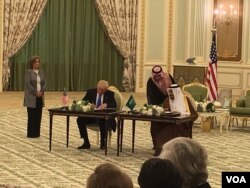 President Donald Trump and Saudi Arabian King Salman bin Abdulaziz sign nearly $110 billion in agreements Saturday to bolster the military capabilities of Saudi Arabia, in Riyadh, Saudi Arabia, May 20, 2017.