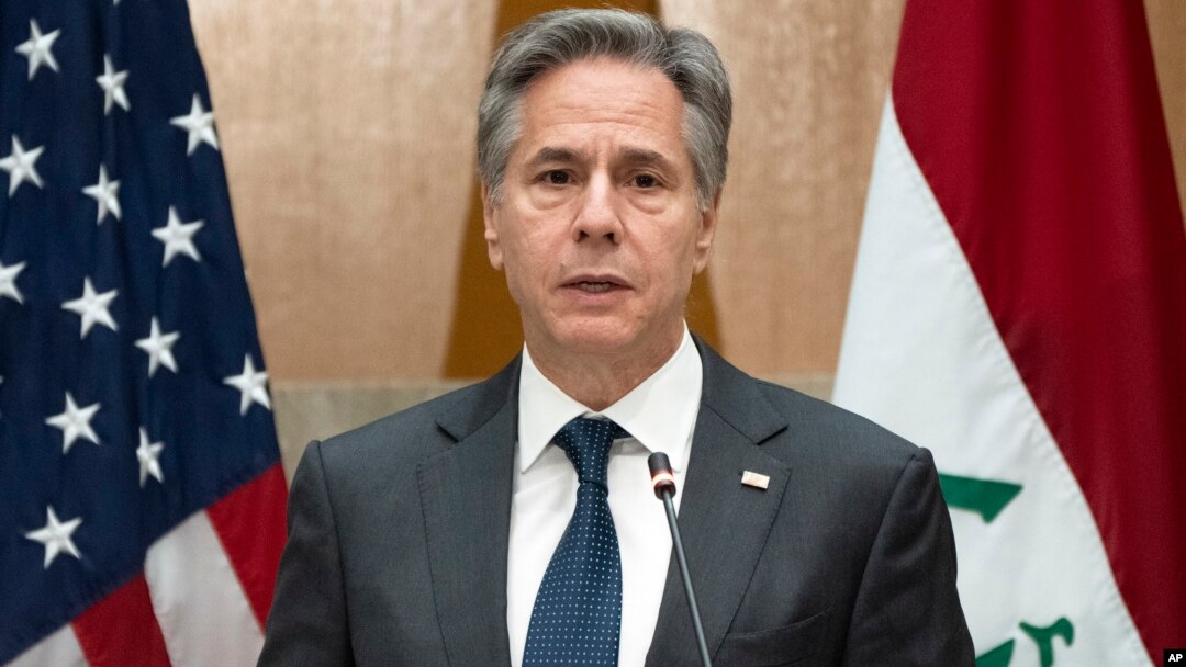 Menteri Luar Negeri AS Anthony Blinken memberikan pernyataan di Washington, DC Senin (15/4). 
