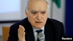 U.N. envoy to Libya Ghassan Salame gestures during a meeting with southern Libyan groups in Tripoli, Libya, Feb. 7, 2018. 