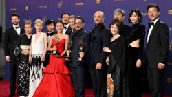 Some of the cast and crew of 'Shogun,' winner of the Emmy for Outstanding Drama Series pose in the press room during the 76th Emmy Awards in Los Angeles, California, on September 15, 2024. (Photo by Robyn Beck/AFP)