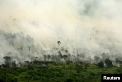 Kebakaran hutan tampak dari udara di Desa Muara Medak, Musi Banyuasin, Sumatra Selatan, 29 Juli 2018. (Foto: Reuters)