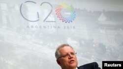 Australia's Treasurer Scott Morrison speaks during an interview with Reuters at the G20 Meeting of Finance Ministers in Buenos Aires, July 22, 2018. Argentina will host G20 world leaders beginning Nov. 30.