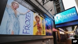 FILE - A view of the Broadway show Frozen in New York City during coronavirus pandemic, April 27, 2020.