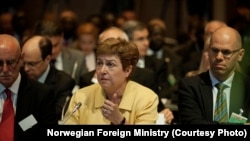 European Commissioner for Humanitarian Aid Kristalina Georgieva speaks at the pledging conference for South Sudan on Tuesday, May 20, 2014.