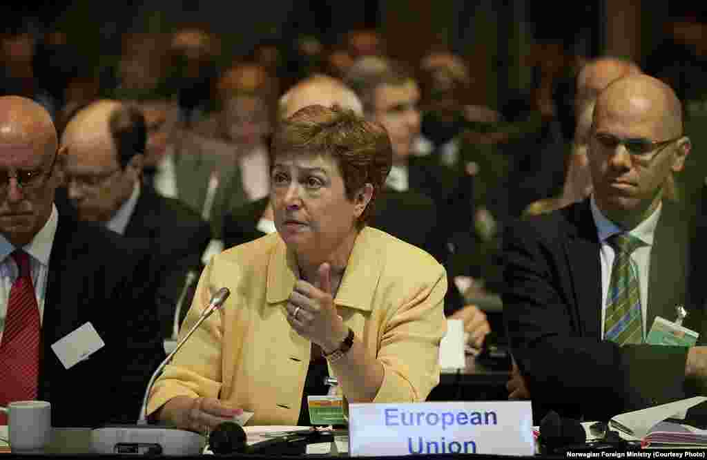 European Commissioner for Humanitarian Aid Kristalina Georgieva speaks at the pledging conference for South Sudan on Tuesday, May 20, 2014.