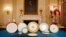 The White House displays the china set for Tuesday's State Dinner hosted by President Barack Obama for Japanese Prime Minister Shinzo Abe, in the State Dining Room of the White House, in Washington, April 27, 2015. 