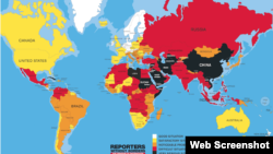نقشه جهانی آزادی مطبوعات. ایران در میان کشورهای سرکوبگر مطبوعات با رنگ سیاه مشخص است