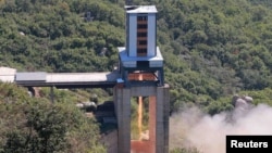 A demonstration of a new rocket engine for the geo-stationary satellite at the Sohae Space Center n this undated photo released by North Korea's Korean Central News Agency (KCNA) in Pyongyang September 20, 2016. KCNA via REUTERS.