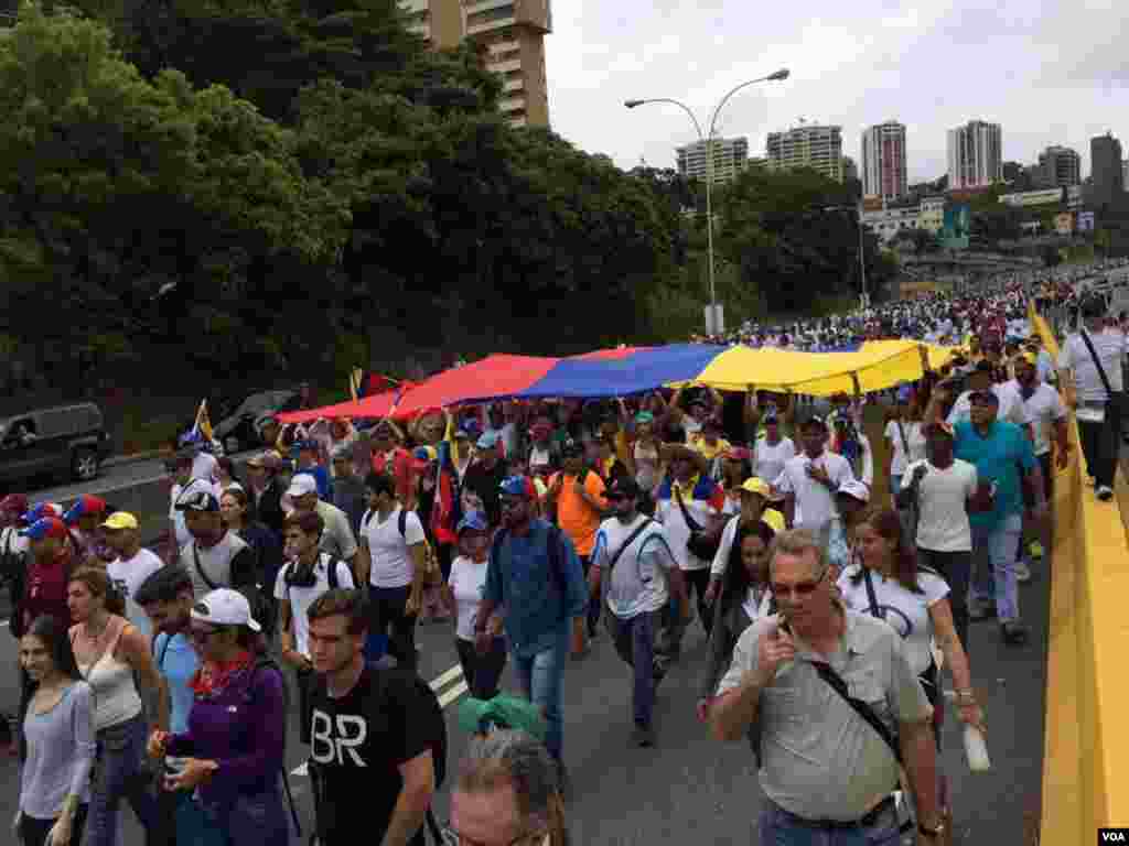 De color blanco y con la bandera de Venezuela, la oposición marca el paso en pidiendo la separación de poderes de la Corte Suprema de Justicia del país caribeño. Foto: Álvaro Algarra/VOA
