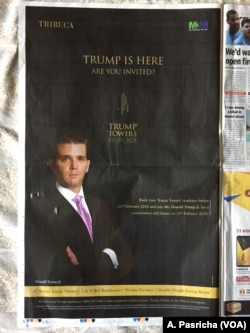 The newspaper advertisements prominently displayed photos of Donald Trump Jr. who will be visiting Trump projects in India.