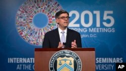 Treasury Secretary Jacob Lew speaks during a news conference during the International Monetary Fund and World Bank meetings in Washington, April 17, 2015.