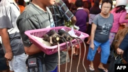 Seorang penjual menawarkan tikus panggang kepada para pembeli di sebuah pasar di Tomohon, Sulawesi Utara, 18 Februari 2017. (Foto: AFP)