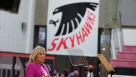 First lady Jill Biden speaks during a visit to Sauk Valley Community College, in Dixon, Ill., Monday, April 19, 2021. (AP Photo, Susan Walsh, Pool)