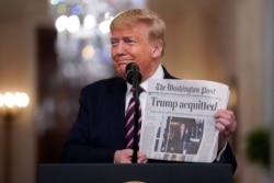 President Donald Trump speaks in the East Room of the White House in Washington, Feb. 6, 2020.