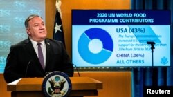 El secretario de Estado, Mike Pompeo, destacó las contribuciones de Estados Unidos al Programa Mundial de Alimentos, ganador del Premio Nobel de la Paz 2020, durante una conferencia de prensa el 14 de octubre de 2020.