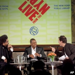 Rapper JAY-Z at the New York Public Library with Cornel West (left) and lecture series director, Paul Holdengräber.