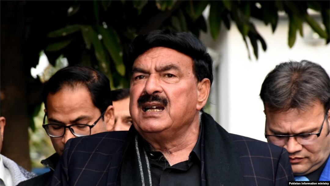 Pakistani Interior Minister Sheikh Rashid Ahmed talking to the media in Islamabad after his visit to NACTA headquarters, Dec. 21, 2020. (Courtesy: Information Ministry)