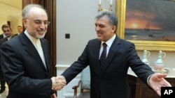 In this photo released by the Turkish Presidency Press Office, Turkish President Abdullah Gul, right, greets Iran's Foreign Minister Ali Akbar Salehi before a meeting in Ankara, Jan. 18, 2012.