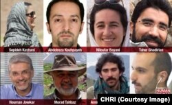 This image, published by the New York-based Center for Human Rights in Iran, shows eight Iranian environmentalists who went on trial in Tehran, Jan. 30, 2019, on suspicion of being spies.