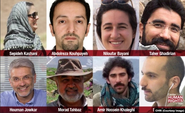 This image, published by the New York-based Center for Human Rights in Iran, shows eight Iranian environmentalists who went on trial in Tehran, Jan. 30, 2019, on suspicion of being spies.
